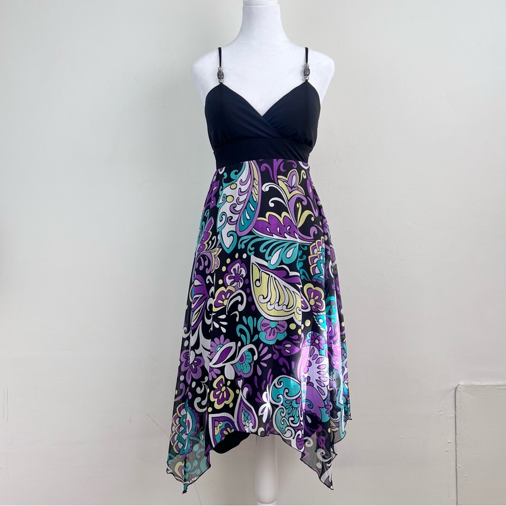 Candies y2k purple and black floral flare dress with beaded spaghetti straps